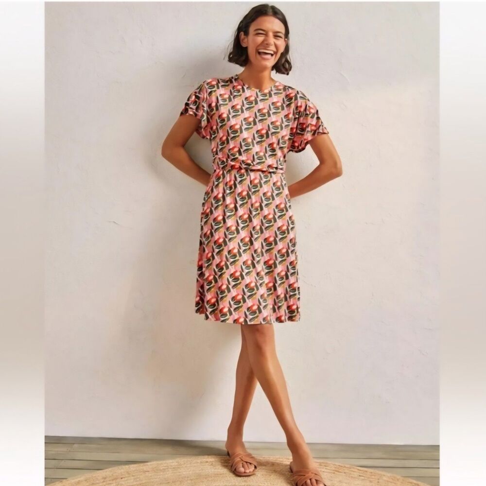 Boden Pink Abstract Floral Flutter Sleeve Jersey Mini Dress Size 4P Cottagecore